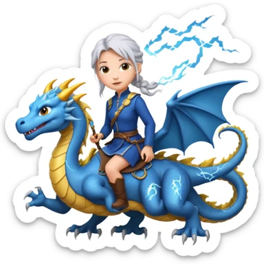 A Girl with silver hair in a braid whose riding a dragon in the sky with lighting around them  sticker
