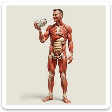 4K hyperrealistic medical illustration of a human body with accurate anatomy, holding a jar labeled 'CELTIC SALT', tossing salt into his mouth at breakfast, neutral background, very clear and detailed sticker