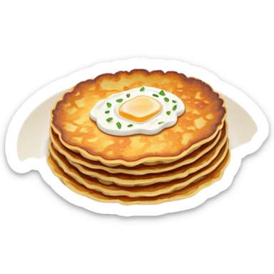 traditional Eastern European potato pancake (draniki), golden-brown, crispy edges, soft center, round and rustic with visible shredded potato texture, small dollop of sour cream on top, clean minimal expressive sticker