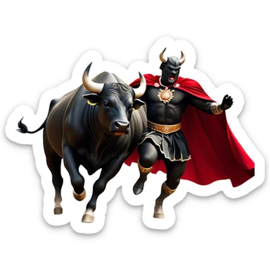 ​Cinematic Realistic black charging bull, against a matador depicted in a flowing red cape, captured in the dramatic moment of confronting a charging bull in a traditional bullring, rendered with dynamic motion and dramatic lighting that encapsulates the intensity and artistry of the spectacle, sticker