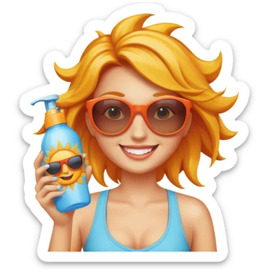 female with suncream bottle and sunglasses, with sun burned sticker