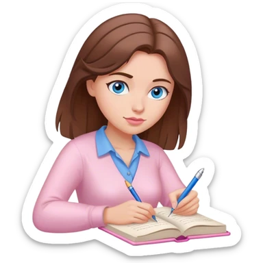 female writer, romantic, brown haired, fair skinned and blue eyed writing a light pink romance book sticker