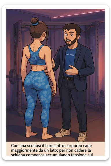 fai questa immagine in versione manga/webtoon a colori, il manga mostra la donna di spalle, mentre l'uomo le tocca la spina dorsale per spiegarle come funziona la scoliosi:
Con una scoliosi il baricentro corporeo cade maggiormente da un lato; per non cadere la schiena compensa accumulando tensione sul fianco opposto.
Il risultato? Si inclina e ruota sempre più, fino a che non cede (discopatie, artrosi, ecc) sticker