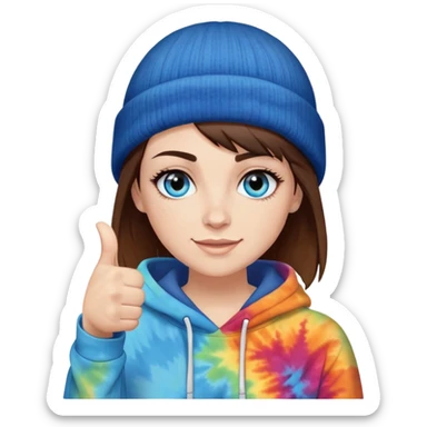 White woman with very short brown hair and a side bang on her face under a black beanie. i want her to have blue eyes with long eyelashes and tiedye hoodie. i would like for her to be doing a thumbs up with one hand  sticker