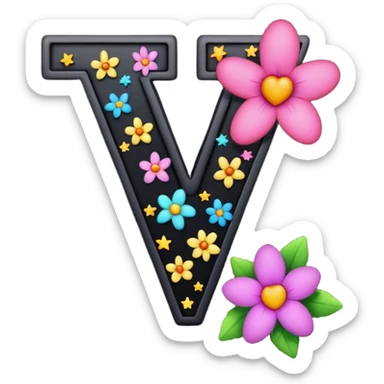 The letter V in black font with a pink heart stars and flowers sticker