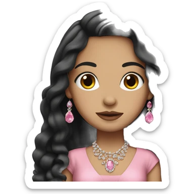 White girl with long black hair wearing a pink dress with jewelry sticker