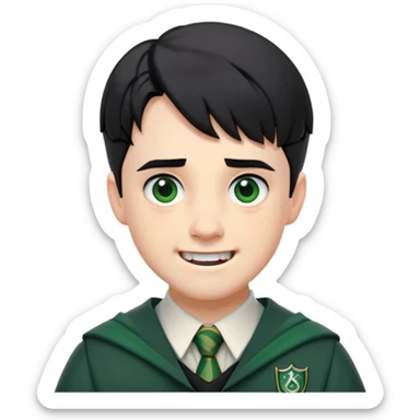 Jamie Yeates is Marcus Flint in harry potter, wear hogwarts slytherin uniform, short black hair, bulky face, often grimacing and showing teeth sticker