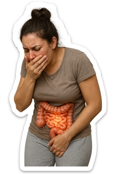 donna che ha post partum che soffre di nausea, intestino realistico in evidenza, iperrealistico, non disegnato sticker