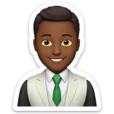 businessman, black skin, brown eyes, white suit vest, green tie sticker