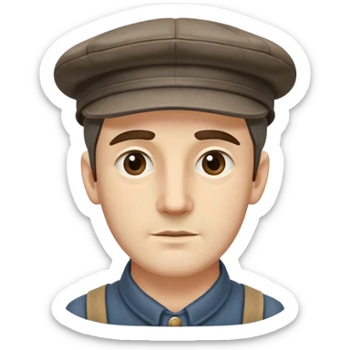 Highly detailed 19th century English factory worker with weathered face, detailed period-accurate clothing, flat cap, and realistic facial features sticker
