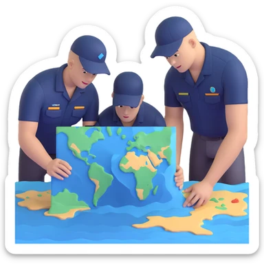 Team of marine geologists examining 3D maps of underwater terrain created from sonar data sticker