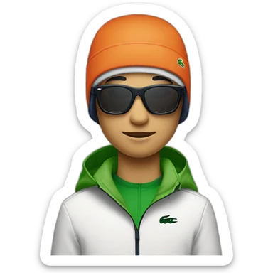 Un garçon blanc qui porte das lunettes de ski, il a les cheveux noirs, un survetement de lacoste et une casquette nike sticker