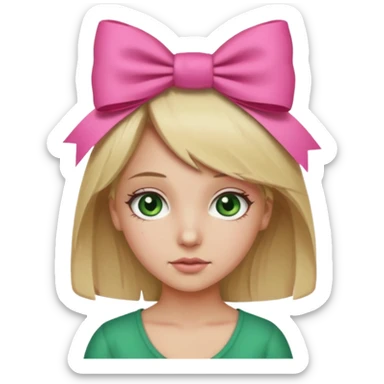 Dirt blonde girl with dark green eyes with the pink bow emoji on her front right head side  sticker