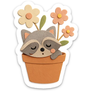 a sleepy raccoon inside a flower pot with a few flowers inside the pot, pastel earthy colors, paper craft style sticker