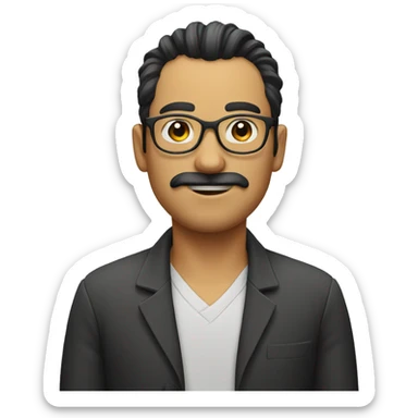 a man with a ponytail hair, round glasses and thin moustache sticker