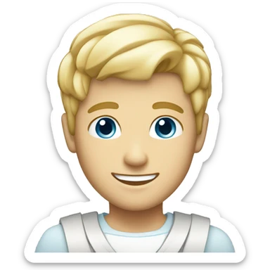 blonde male with short hair, sky blue eyes, big smile and a costume sticker