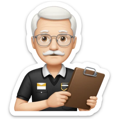 An old stern white hair and mustache, wear glasses referee with a clipboard, monitoring players closely. sticker