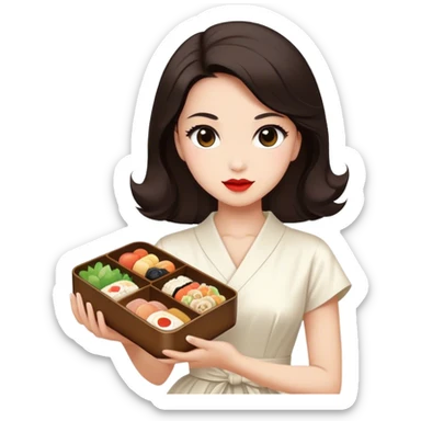 Beautiful woman in 1950’s woman fashion look, white dress, long dark brown hair, Japanese bento sticker