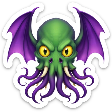 deep green Cthulhu with purple bat wings and purple gradient tentacles. Yellow angry eyes. yellow suckers on tentacles. dramatic ominous shading. two saber-teeth sticker
