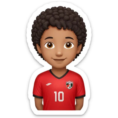 "- Nam
- 10 tuổi
- Da nâu
- Tóc ngắn, xoăn, đen
- Cười mỉm
- Mặc áo bóng đá màu đỏ sticker