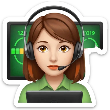 woman, brown hair, middle european, wearing a headset. she is controling limits on screen: green = ok, orange = bald überschritten, re = limite überschritten sticker