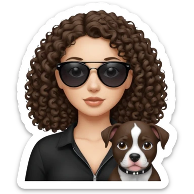 Black and white pitbull with brunette with curly hair girl Make her with a black hirt and dark black sunglasses where you can't see her eyes? sticker