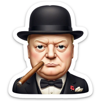 Cinematic Realistic Winston Churchill Portrait Emoji, depicted as a resolute British statesman with a signature bowler hat and a cigar, exuding determined leadership and wartime valor, rendered with lifelike textures and dramatic vintage lighting that captures his iconic British spirit. sticker