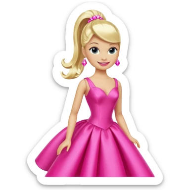 En klassisk blond modedukke med høj hestehale, iført en glamourøs hot pink aftenkjole, skinnende plastik-tekstur, smilende, ikonisk legetøjs-æstetik. sticker