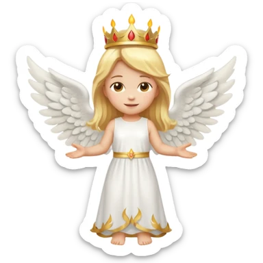 Full-body emoji-style angel: blonde hair, golden flame crown, halo, large wings, white dress, full body visible from head to feet, cute smooth emoji look. sticker