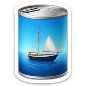 Realistic small can of tuna showing a sailling boat only blue colors sticker