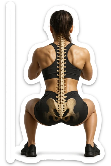 donna di spalle che fa squat con spina dorsale anatomica in evidenza, iperrealistica 4k sticker