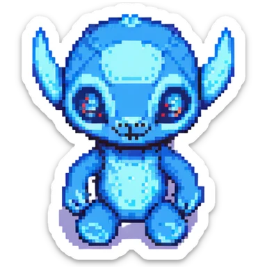 Stitch, the blue alien from Lilo & Stitch, pixel art style sticker