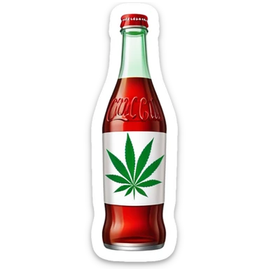 iconic curved Coca-Cola style glass bottle in red with a green cannabis leaf printed on it sticker