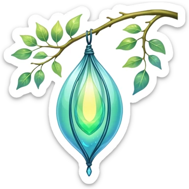 ethereal magical cocoon hanging from a branch, glowing green-blue cocoon, yellow magical aura, translucent, magical symbol, soft curves, gentle green-blue hues sticker