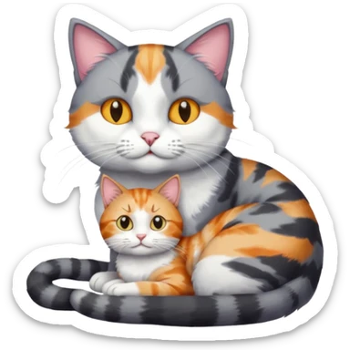 big grey and white cat cuddling a colourful light patched calico + white tabby cat sticker