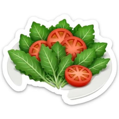Minimalistic flat vector icon, iOS style, thin black contour on white background. Plate filled with leafy greens and tomato slices. Clean, no text, no shadows sticker