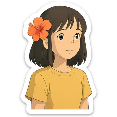 ghibli style girl with straight hair, flower in hair, summer theme sticker