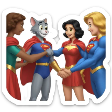 Tom and Jerry giving handshake to super women sticker