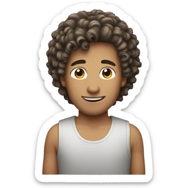 A white boy with curly hair and a stubble sticker