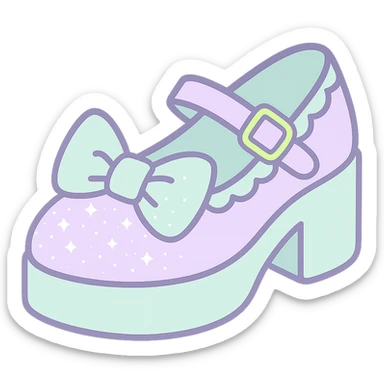 Refine the kawaii BLACKPINK-inspired gothic shoes with a large bow, scalloped edge, sparkling glitter, and neon accents. Use pastel lavender and pastel mint as the main colors. Keep the design playful and stylish with no hearts. Transparent background. sticker