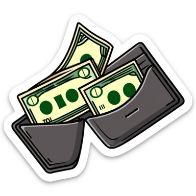 black leather wallet with dollar bills inside and a small clock in top right corner positioned over the wallet sticker