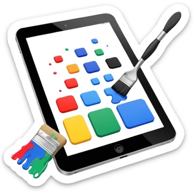 A simple graphic for digital art. A tablet dissolving into pixels with a paint brush or a pallet overlaid. No gradients. Just black on white. sticker