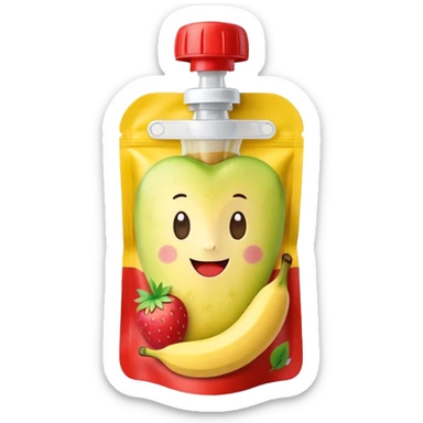 Ein weicher, bunter Standbeutel für Kinder, gefüllt mit püriertem Obstmus. Oben hat er einen kleinen wiederverschließbaren Schraubverschluss, aus dem Kinder direkt trinken oder saugen. Verpackung wie Babynahrung-Beutel aus dem Supermarkt, mit fröhlichem Obst-Design (Apfel, Banane, Erdbeere). sticker