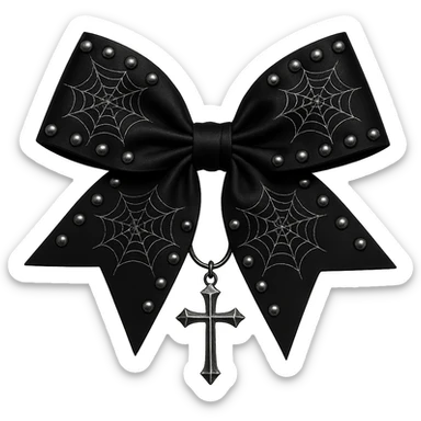 Edit the image to depict an oversized black gothic bow with silver studs, spiderweb patterns, and a dangling cross. The background should be removed. Emphasize the gothic style with bold silver studs, intricate spiderweb designs, and a prominent cross pendant. sticker