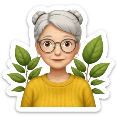 Abuela con arrugas, cabello canoso blanco en moño, expresión tierna, gafas redondas, suéter amarillo y detalles relacionados con plantas. Estilo amable y acogedor. sticker