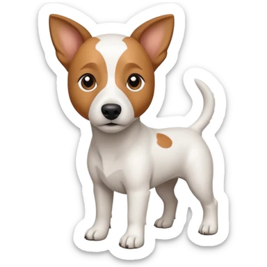 a full body white jack russel looking dog the size of a kelpie with light brown ears and a light brown patch on one eye and a large snout sticker