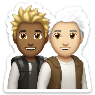 three men: one white with spiky blond hair, another white with short brown hair, one middle eastern with swoopy black hair sticker