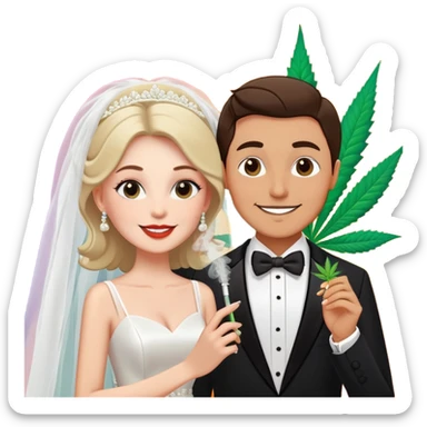 Bride in white dress and groom in tuxedo sharing a cannabis joint, cheerful cartoon wedding couple with vibrant colorful background sticker