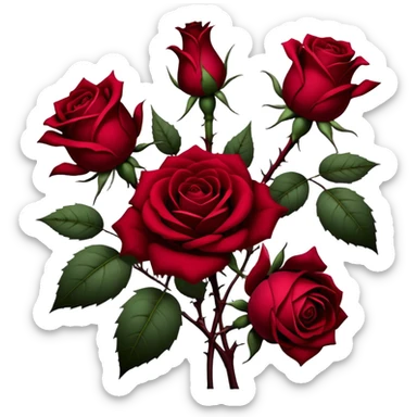 A hauntingly beautiful scene of deep red Gothic roses, their velvety petals unfolding in shades of ruby, burgundy, and scarlet. Dark thorns twist around them, emerging from the shadows like a forbidden love story. sticker