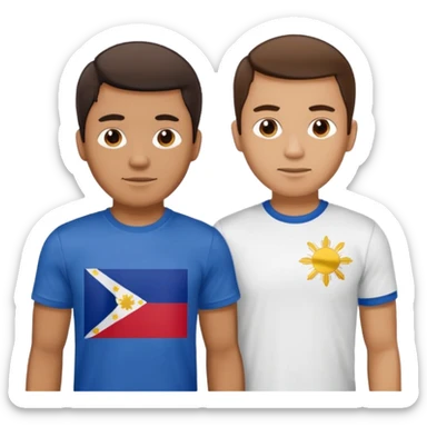 2 male Best budd wearing tshirts, one had Philipines flag, the other spanish flag sticker